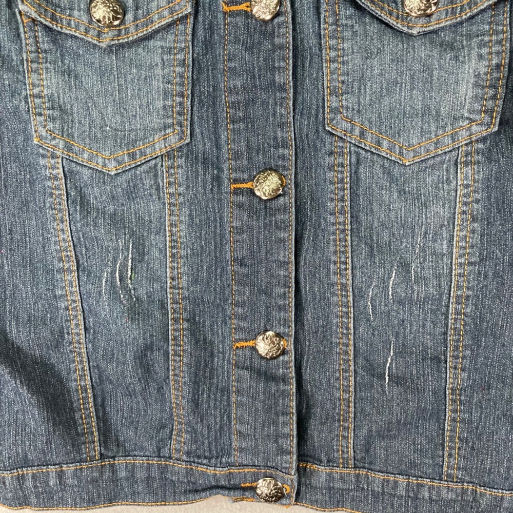 AQ Womens Denim Jacket Small Blue Rhinestone Button Jean Coat Cropped S - Picture 12 of 12